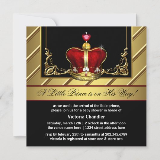 Invitation Baby shower Prince de la Couronne rouge et or (Devant)