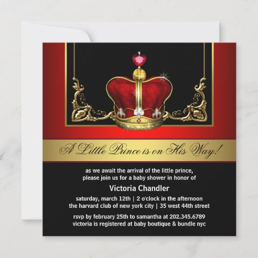 Invitation Baby shower Prince de la Couronne rouge et or (Devant)