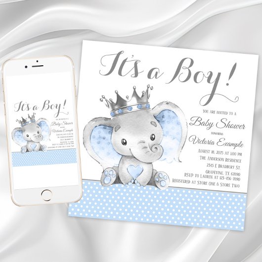 Invitation Baby shower Prince Eléphant