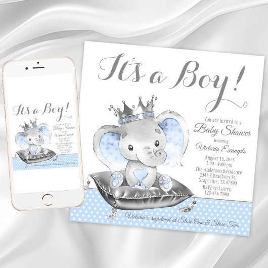 Invitation Baby shower Prince Eléphant