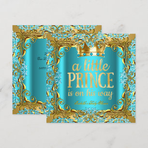 Invitation Baby Shower Prince en route Or Turquoise Aqua