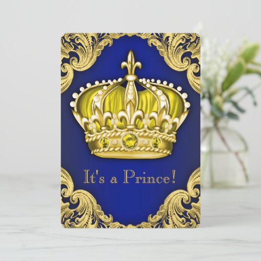 Invitation Baby shower Prince Fancy Bleu et Or (Debout devant)