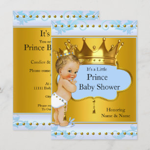 Invitation Baby Shower Prince Garçon Bleu Or Couronne Blond