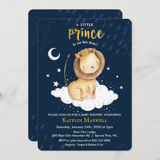 Invitation Baby shower Prince Lion (Devant / Derrière)