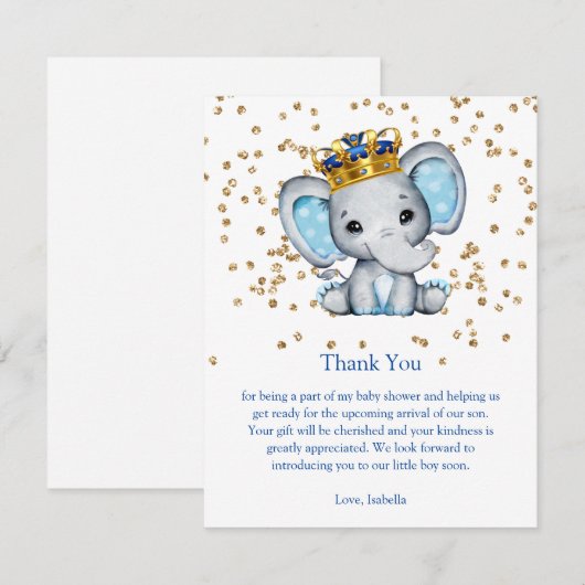 Invitation Baby shower Prince Royal Blue Gold Elephant Boy (Devant / Derrière)