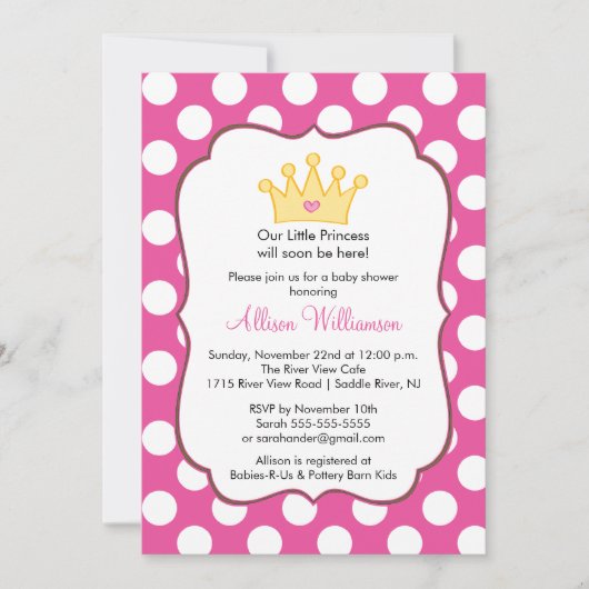 Invitation Baby shower Princess Crown Dots roses (Devant)