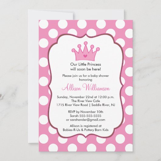 Invitation Baby shower Princess Crown Dots roses (Devant)