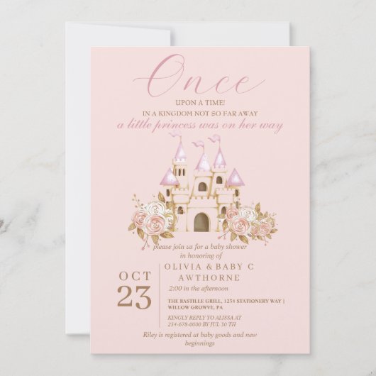 Invitation Baby shower Princess du château d'or rose (Devant)