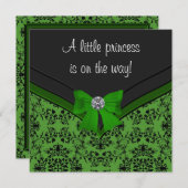 Invitation Baby shower Princesse Bow Green Damask noir (Devant / Derrière)