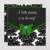 Invitation Baby shower Princesse Bow Green Damask noir (Devant / Derrière)