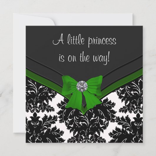 Invitation Baby shower Princesse Bow Green Damask noir (Devant)