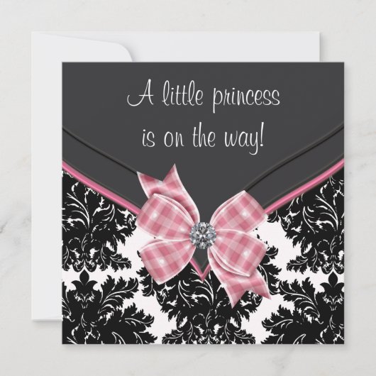 Invitation Baby shower princesse Bow rose Damask noir (Devant)