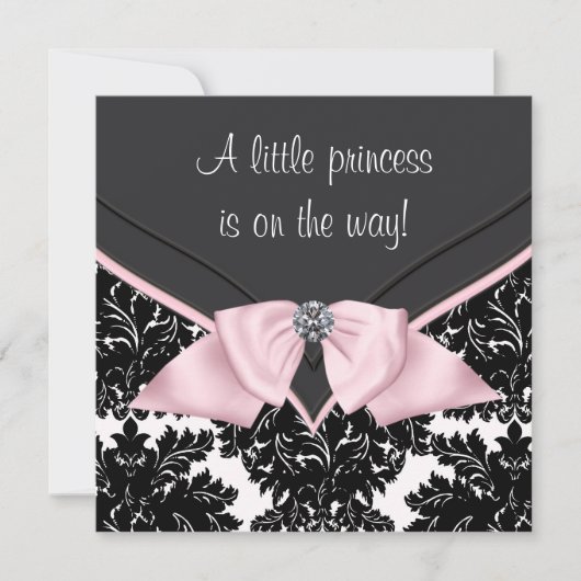 Invitation Baby shower princesse Bow rose Damask noir (Devant)