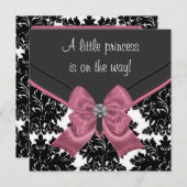 Invitation Baby shower princesse Bow rose Damask noir (Devant / Derrière)
