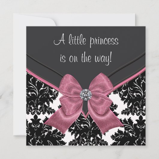 Invitation Baby shower princesse Bow rose Damask noir (Devant)