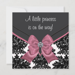 Invitation Baby shower princesse Bow rose Damask noir