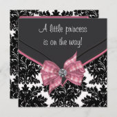 Invitation Baby shower princesse Bow rose Damask noir (Devant / Derrière)