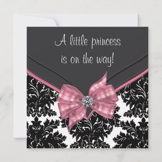 Invitation Baby shower princesse Bow rose Damask noir (Devant)