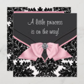 Invitation Baby shower princesse Bow rose Damask noir (Devant / Derrière)