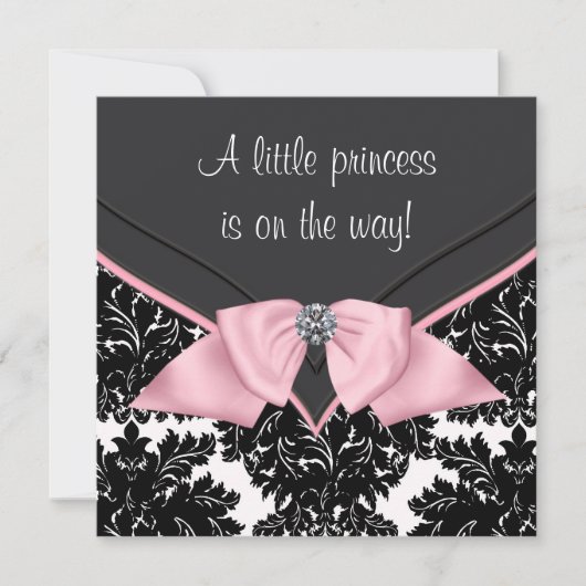 Invitation Baby shower princesse Bow rose Damask noir (Devant)