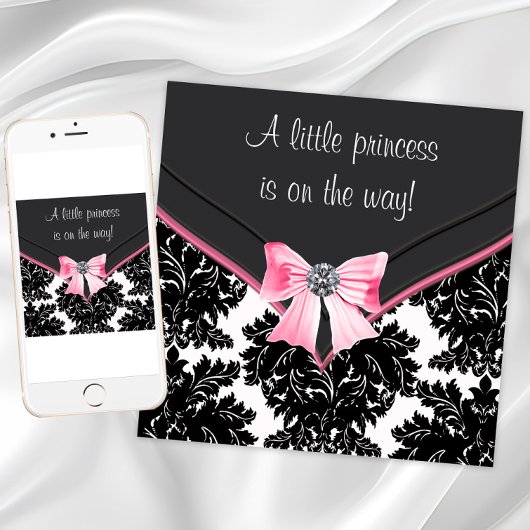 Invitation Baby shower princesse Bow rose Damask noir
