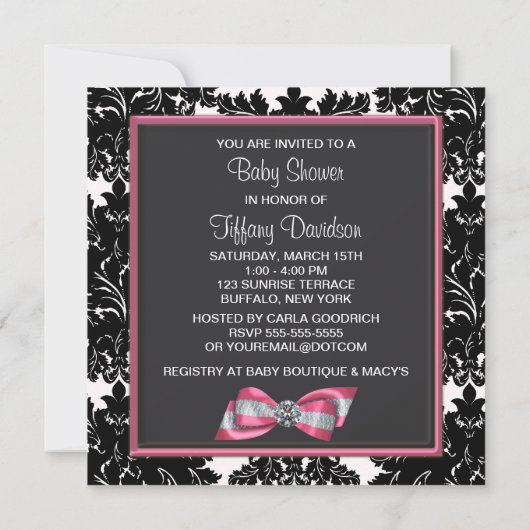 Invitation Baby shower princesse Bow rose Damask noir (Dos)