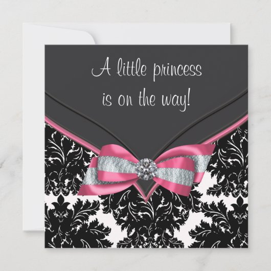 Invitation Baby shower princesse Bow rose Damask noir (Devant)