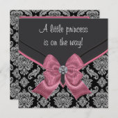 Invitation Baby shower princesse Bow rose Damask noir (Devant / Derrière)