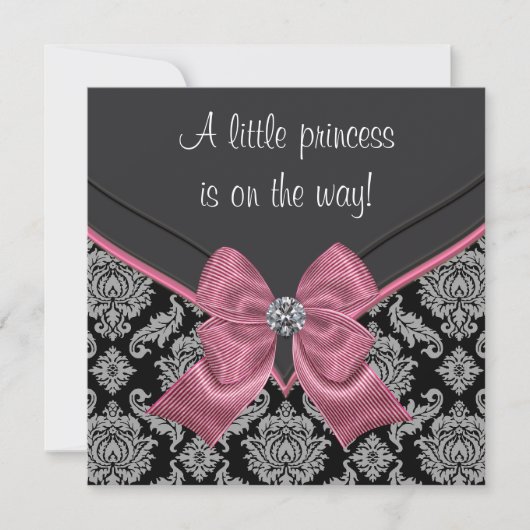 Invitation Baby shower princesse Bow rose Damask noir (Devant)