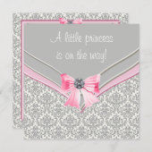 Invitation Baby shower princesse Bow rose et gris Damask rose (Devant / Derrière)