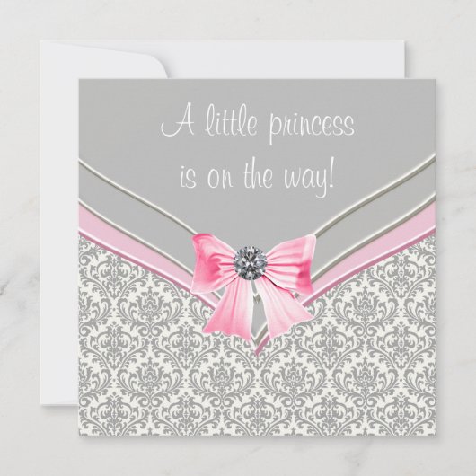 Invitation Baby shower princesse Bow rose et gris Damask rose (Devant)
