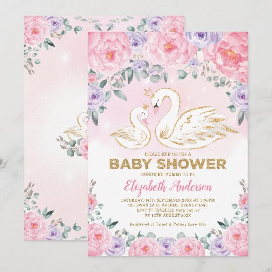 Invitation Baby shower princesse cygne rose violet Floral (Devant / Derrière)