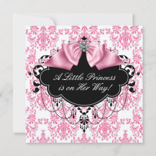 Invitation Baby Shower Princesse Damassé Rose Noir