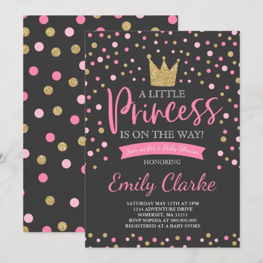 Invitation Baby shower Princesse Douche en or rose (Devant / Derrière)
