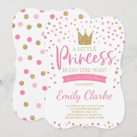 Invitation Baby shower Princesse Douche en or rose (Devant / Derrière)