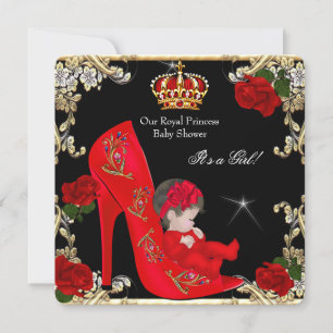 Invitation Baby Shower Princesse Fille Or Rose Rouge Chaussur