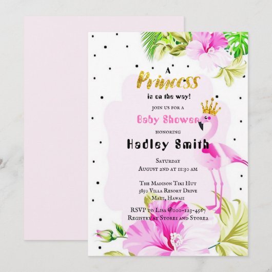 Invitation Baby shower princesse Flamant rose or rose (Devant / Derrière)