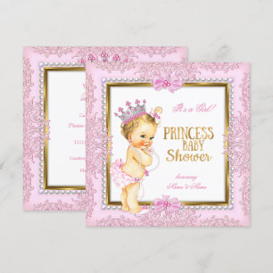 Invitation Baby Shower Princesse Or Rose Perles Dentelle Blon