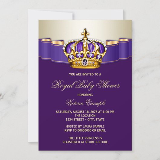 Invitation Baby Shower Princesse Or Royal Violet Or (Devant)
