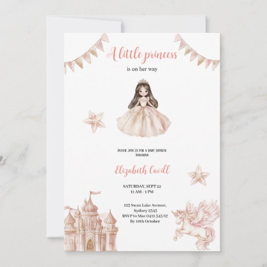 Invitation baby shower princesse rose élégant et mignon (Devant)