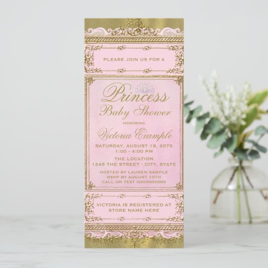 Invitation Baby shower princesse rose et or à huile (Debout devant)