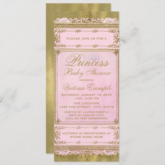 Invitation Baby shower princesse rose et or à huile (Devant / Derrière)