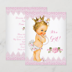 Invitation Baby Shower Princesse Rose Rose en Dentelle Blanch