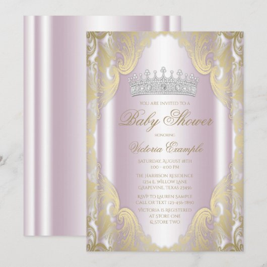 Invitation Baby shower princesse rose vif Or fantaisie (Devant / Derrière)