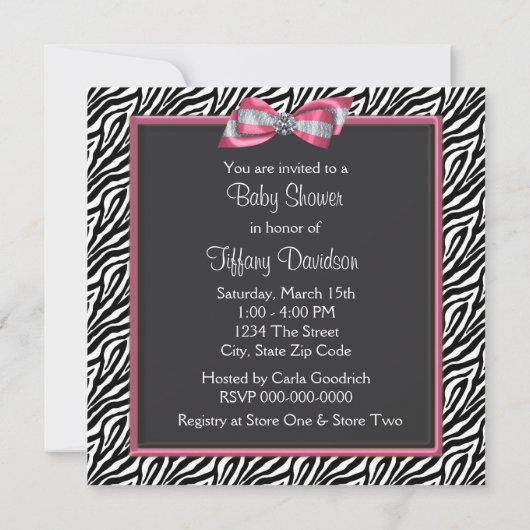 Invitation Baby shower princesse rose Zebra (Dos)