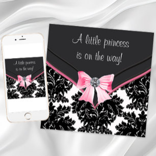 Invitation Baby Shower Princesse Ruban Rose Damassé Noir