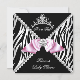 Invitation Baby Shower Princesse Ruban Rose Zèbre Noir