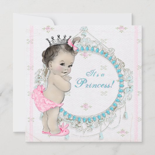 Invitation Baby shower Princesse Vintage rose et Turquoise (Devant)