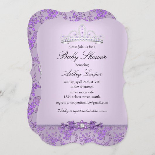 Invitation Baby shower princesse violette Tiara (Devant / Derrière)