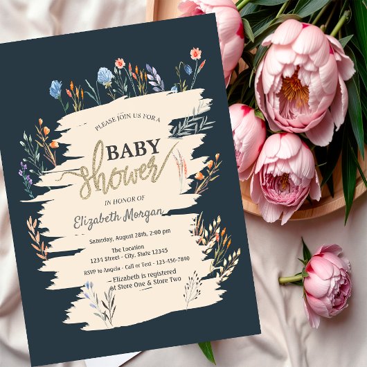 Invitation Baby shower principal Fleur sauvage d'aquarelle